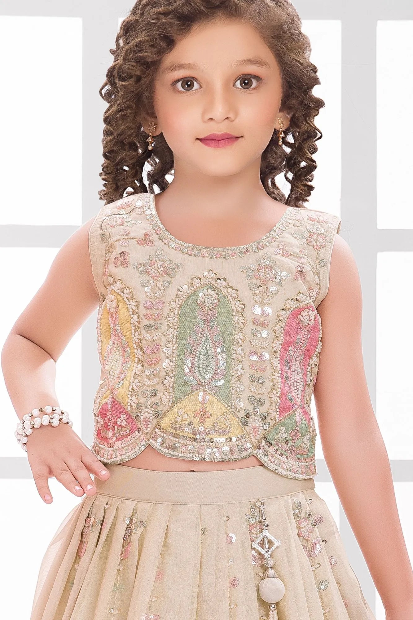 Fawn Embroidered Lehenga Choli Set For Girls