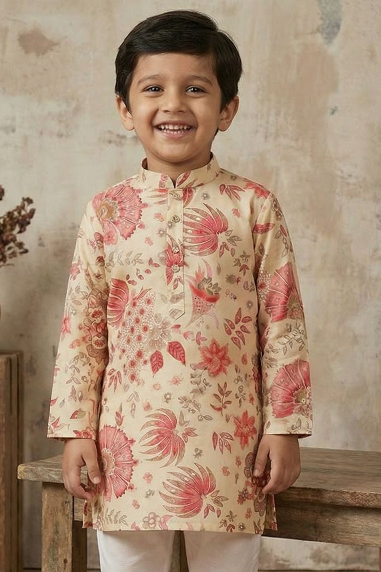 Beige Floral Printed Kurta Set With Pajama For Boys