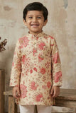 Beige Floral Printed Kurta Set With Pajama For Boys