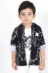 Black Printed Hoodie With White T-Shirt And Pant Set For Boys