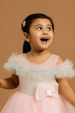 Pink Ruffle Net Gown With Bow Embellishment For Girls