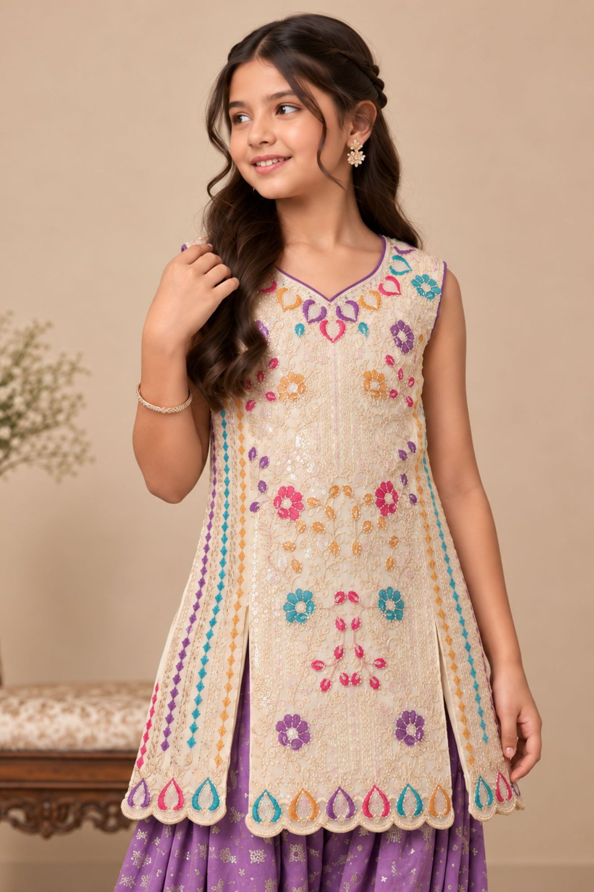 Lavender Embroidered Patiala Set with Dupatta For Girls