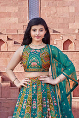 Elegant Teal Embroidery Lehenga Choli With Dupatta Sets For Girls