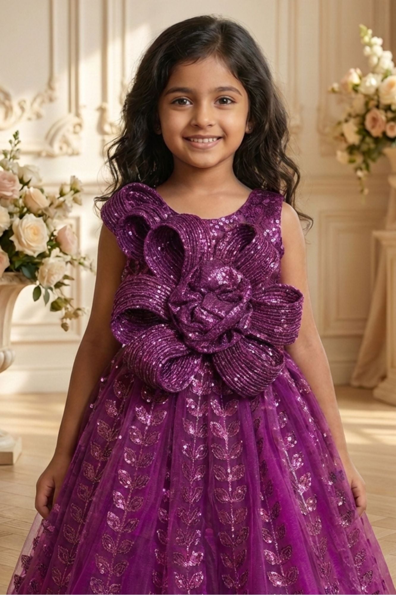 Purple 3D Floral Sequin Party Wear Gown