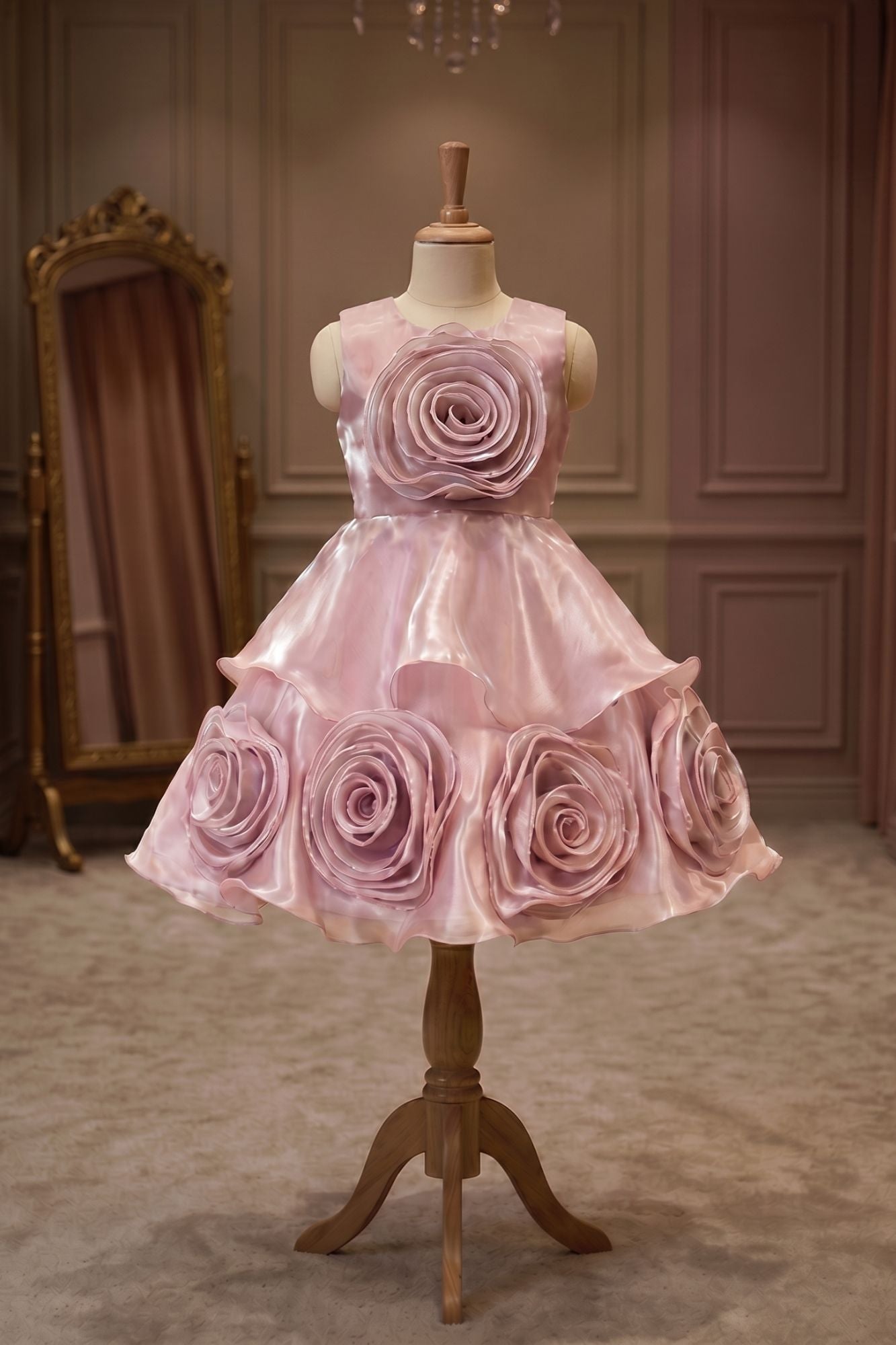 Onion Pink Embellished Party Wear Frock with 3D Rose Appliqué For Girls