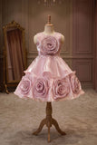 Onion Pink Embellished Party Wear Frock with 3D Rose Appliqué For Girls