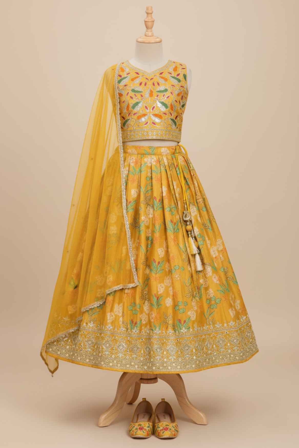 Mustard Yellow Embroidered Silk Lehenga Choli with Dupatta For Girls   Lagorii Kids