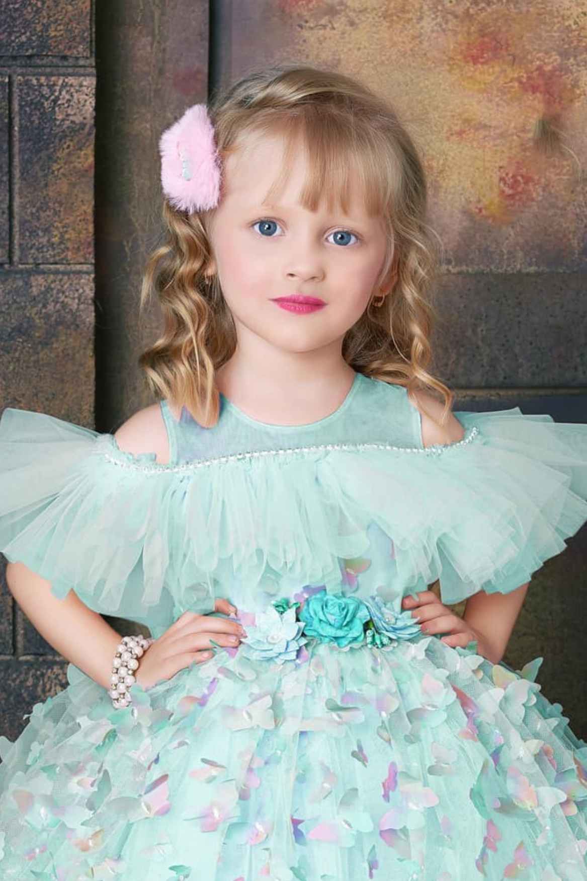 Mint Green Butterfly Appliqué Ball Gown  For Girls