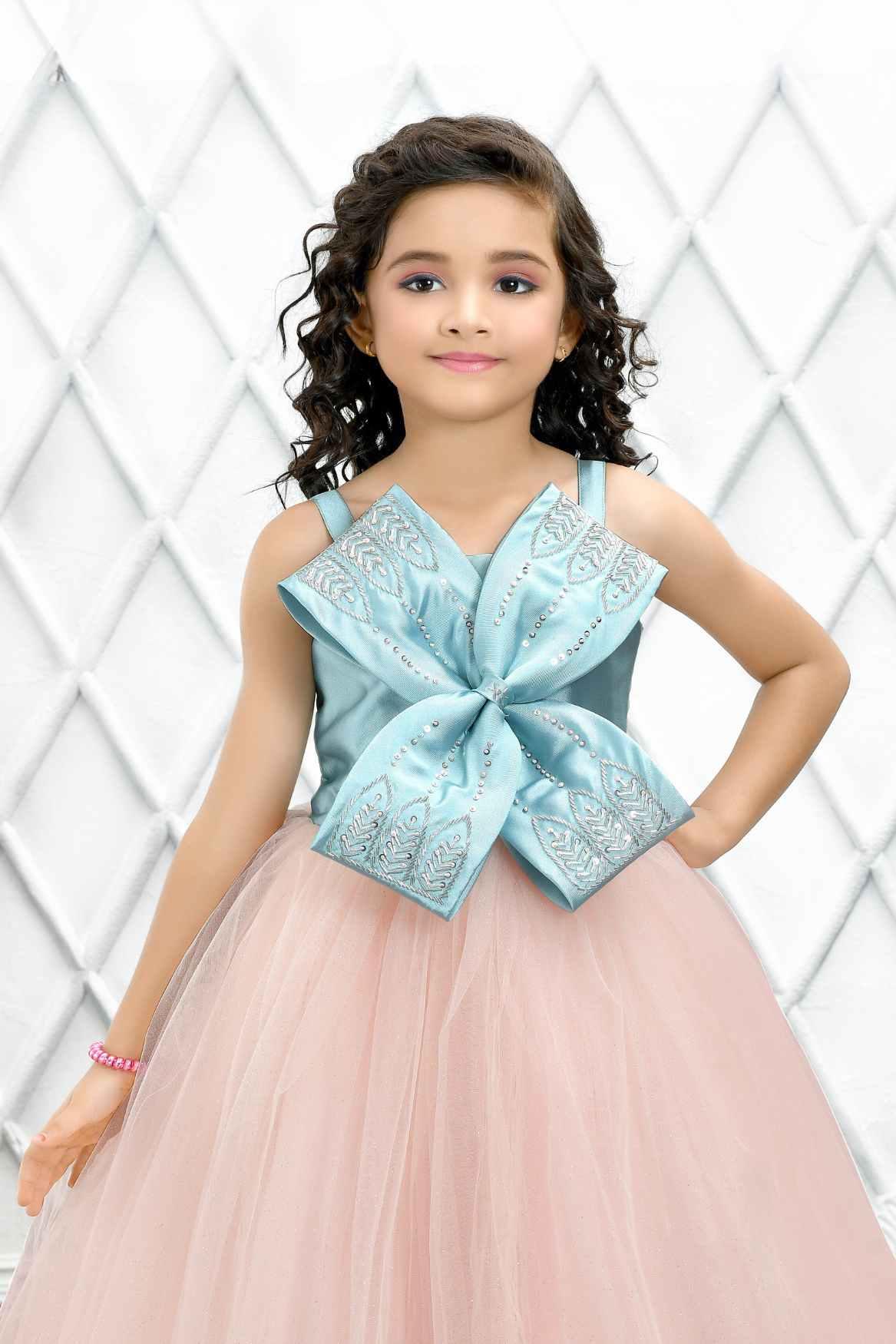 Designer Peach Gown Embellished With Blue Bow For Girls - Lagorii Kids