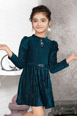 Stylish Teal Partywear Dress With Puff Sleeves For Girls