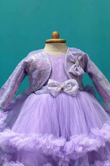 Purple Sleeveless And Bow Embellished Tailback Frock With Sequin Worked Overcoat For Girls