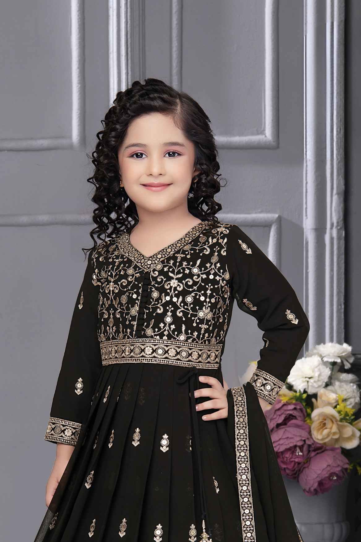 Designer Black Gown With Embroidery Work For Girls - Lagorii Kids