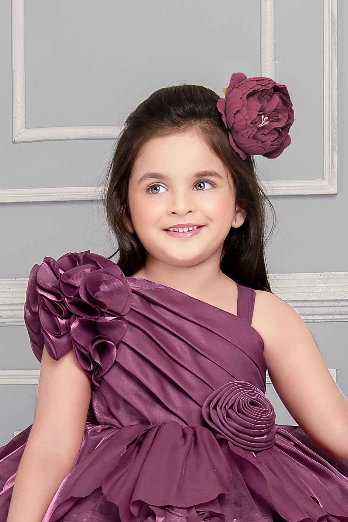 Designer Wine One Side Sleeve Frock With Floral Embellishment For Girls - Lagorii Kids