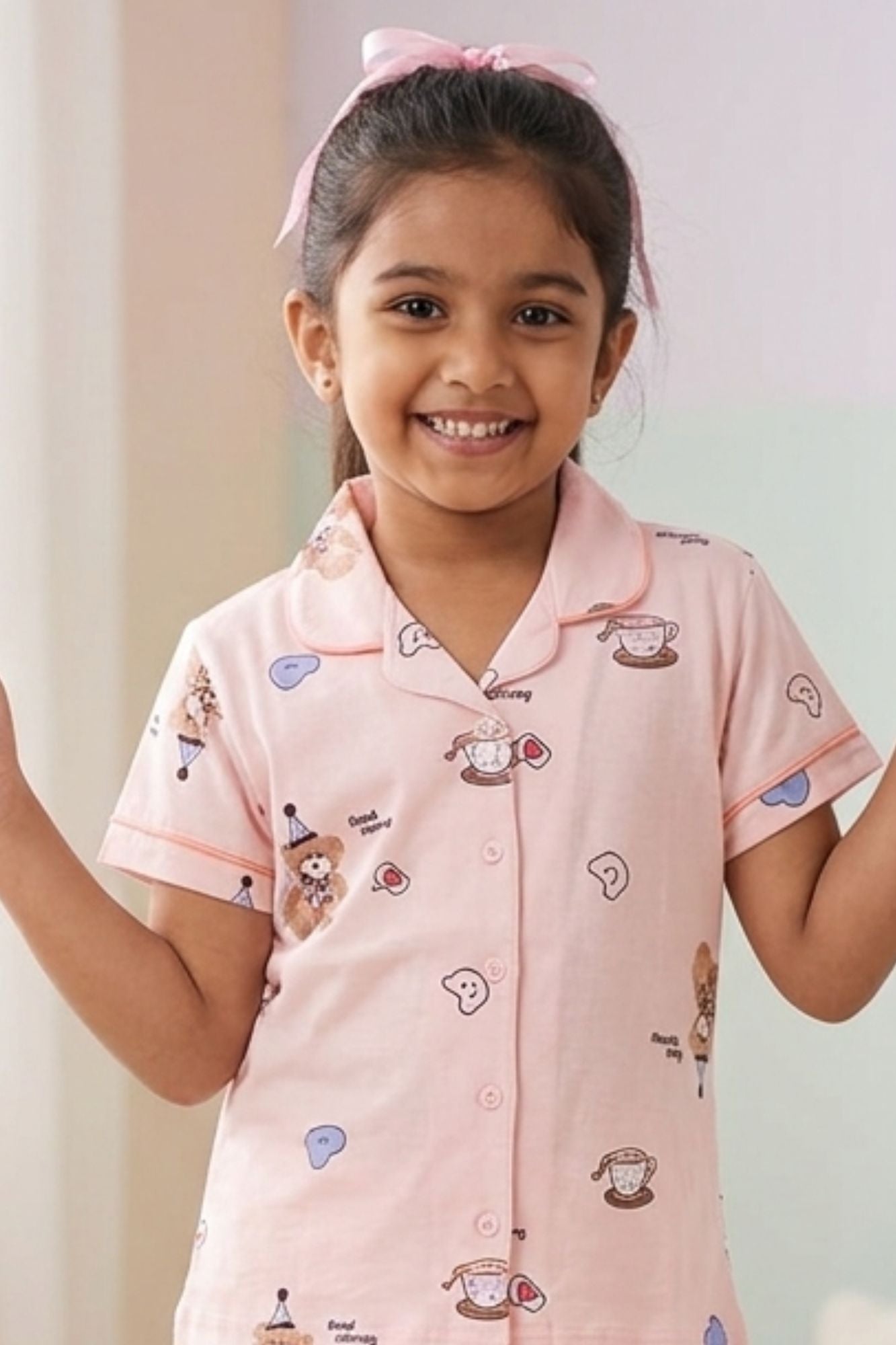 Girls Pink Teddy Print Night Suit Set