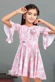 Pink Printed Frock With Bell Sleeves For Girls - Lagorii Kids