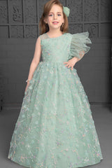 Designer Green Net Gown With Embroidery For Girls