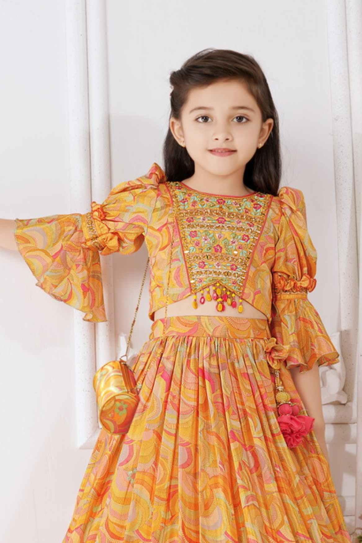 Elegant Yellow Floral Printed Lehenga For Girls - Lagorii Kids