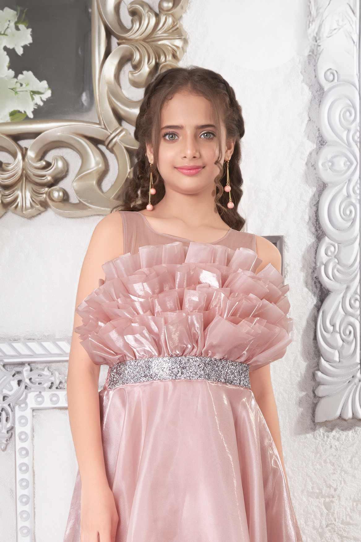 Designer Peach With Ruffled Satin Gown For Girls - Lagorii Kids