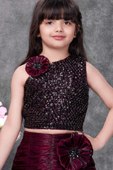 Girls Wine Maroon Embellished Lehenga Choli Set with Floral Applique Dupatta