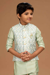 Pista Green Kurta Set With Cream Bandi For Boys