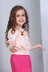 Printed White Top With Pink Skirt Set For Girls