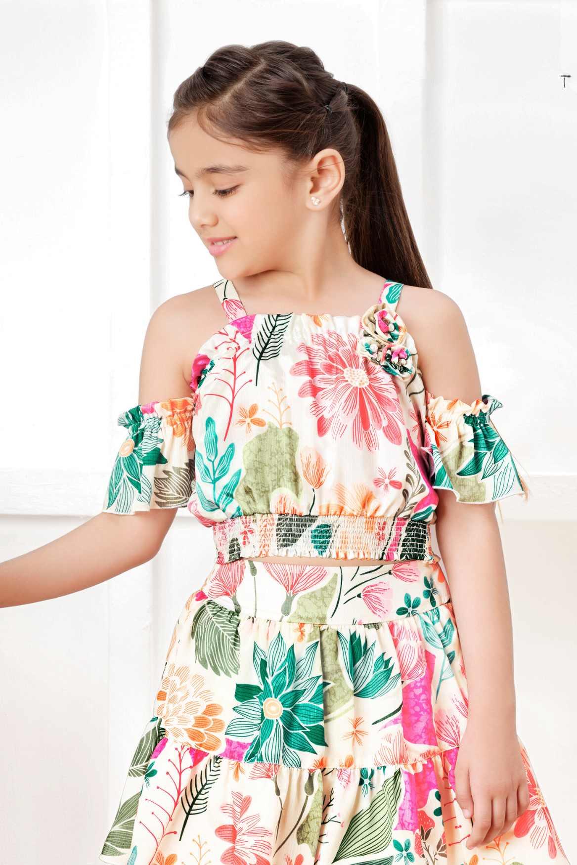 Cream Floral Printed Top And Skirt Set For Girls - Lagorii Kids