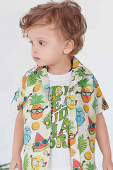 Green Printed Shirt And Short With White T-shirt Set For Boys