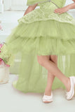 Designer Pista Green Bow Embellished And Sequins Work Party Wear Tail Back Frock for Girls