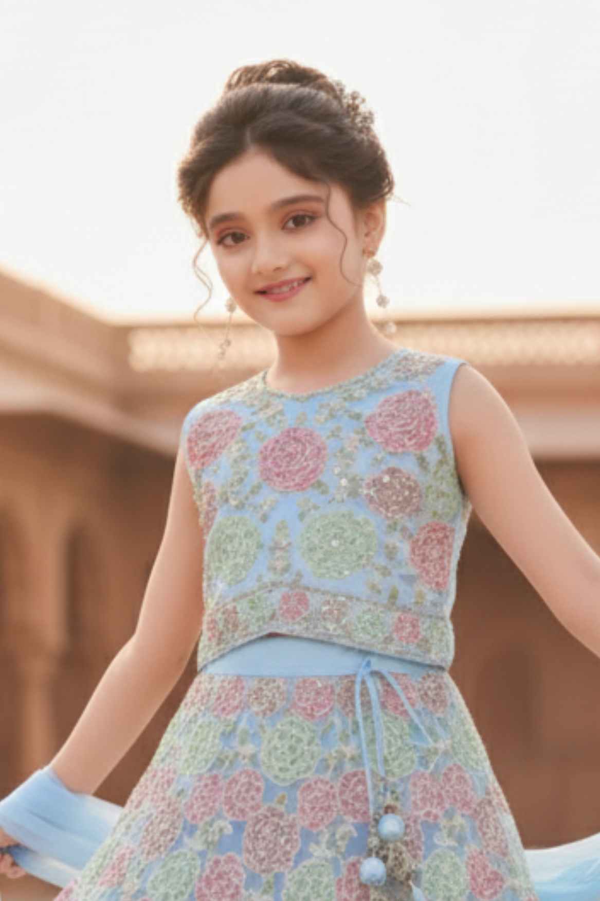 Sky Blue Floral Embroidered Lehenga Choli Set With Dupatta For Girls