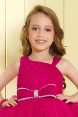 Raspberry Pink Ruffle Party Frock With Bow Embellishment For Girls