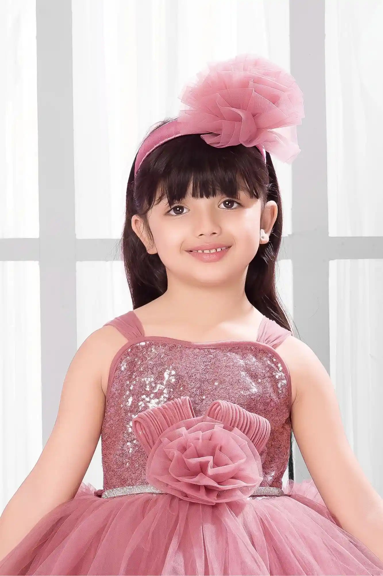 Onion Pink Party Frock with Sequin Bodice And Ruffle Layers For Girls