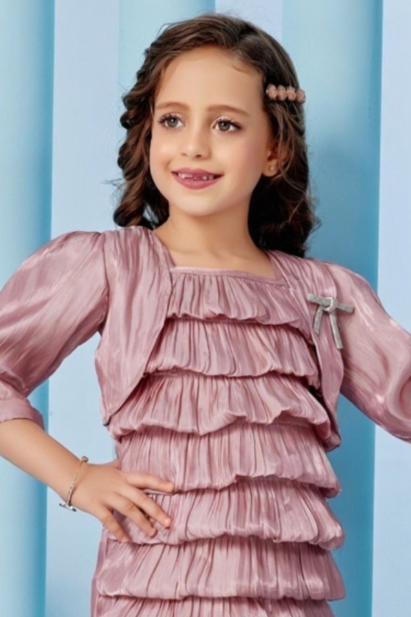 Dusty Pink Layered Party Frock with Matching Shrug For Girls