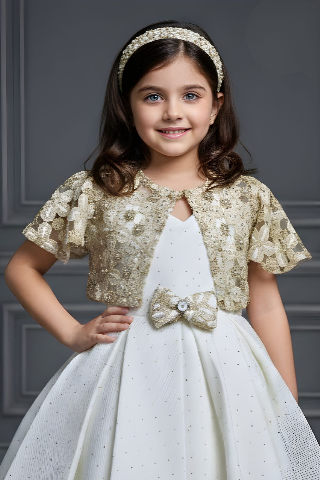 Ivory Party Frock with Gold Embellished Shrug And Bow Waist Accent For Girls