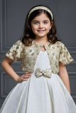 Ivory Party Frock with Gold Embellished Shrug And Bow Waist Accent For Girls