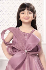 Onion Pink  Bow Embellished With Stone Work Gown For Girls