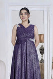 Purple Metallic Criss-Cross Gown with Embellished Waist For Girls