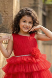 Red Ruffle Layered High-Low Party Frock For Girls