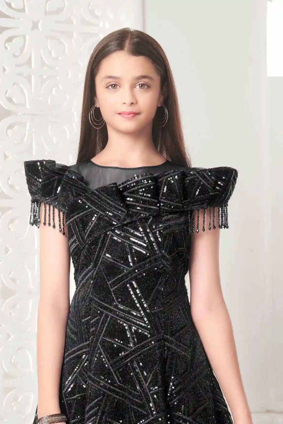 Embellished Black Gown with Fancy Sleeves For Girls