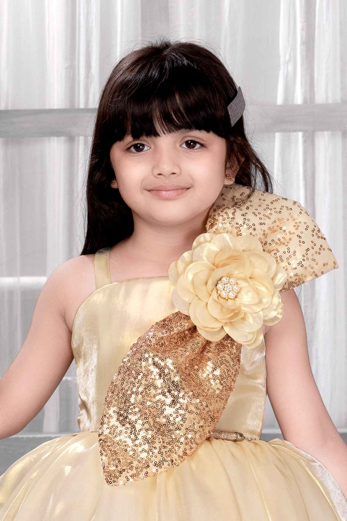 Golden Shimmer Party Frock with Sequin Bow and 3D Flower Detail For Girls