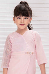 Pink 3/4th Sleeves And Sequins Work With Floral Embellished Dress For Girls