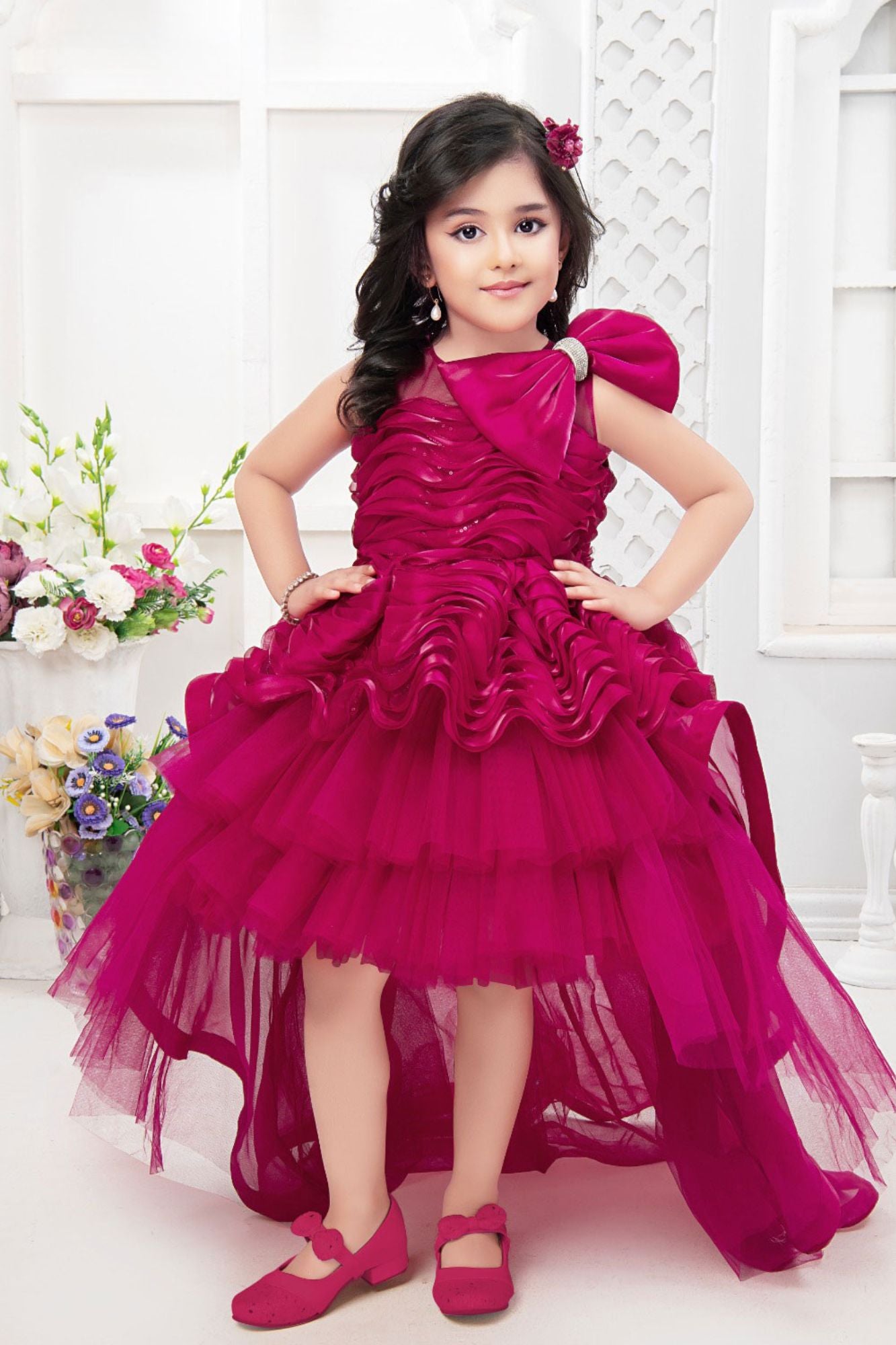 Rani Pink High-Low Party Frock with Ruffles For Girls