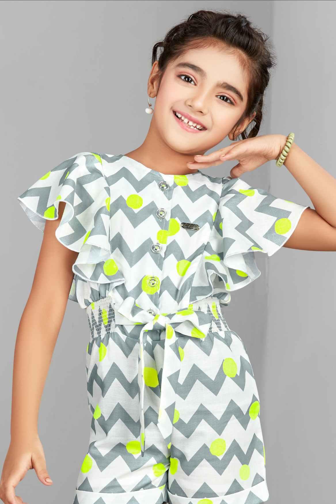 White Zig Zag Printed Short Jumpsuit With Ruffle Sleeves For Girls - Lagorii Kids