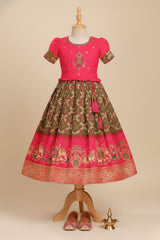 Rani Pink Zari Embroidered Silk Pattu Pavadai For Girls