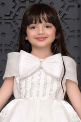 White Sequins And Pearl Work With Bow Embellished Party Wear Frock For Girls