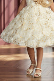 Girls Cream Floral Party Frock with 3D Rosette Work And Statement Bow