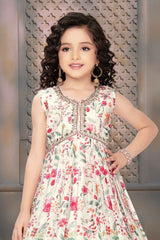 Elegant White Floral Printed Gown For Girls