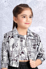 White Printed Top And Overcoat With Black Skirt For Girls