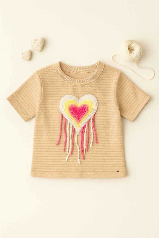 Beige Knit Heart Appliqué Western Top for Girls