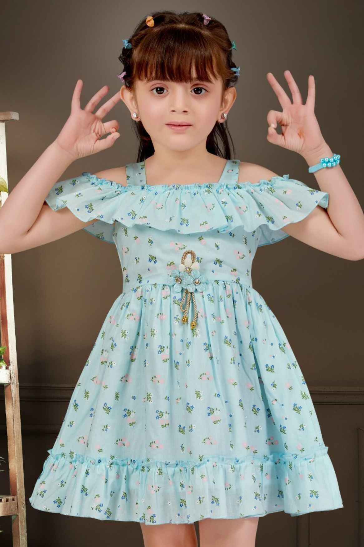 Stylish Off Shoulder Blue Printed Frock For Girls - Lagorii Kids