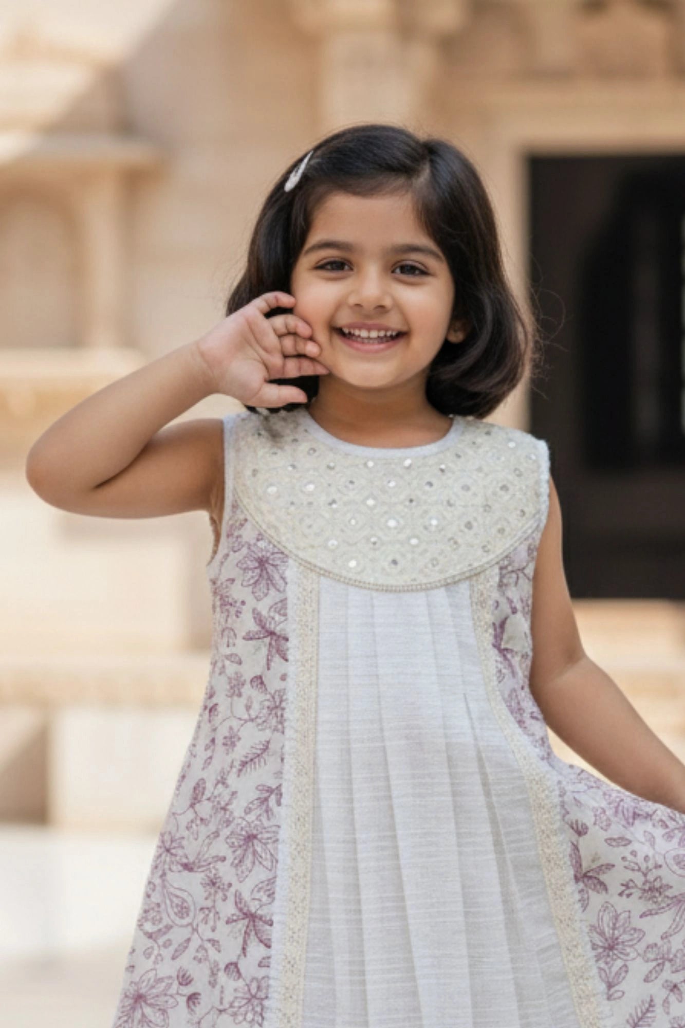 Cream And Lilac Floral Printed Dress with Lace Detailing For Girls